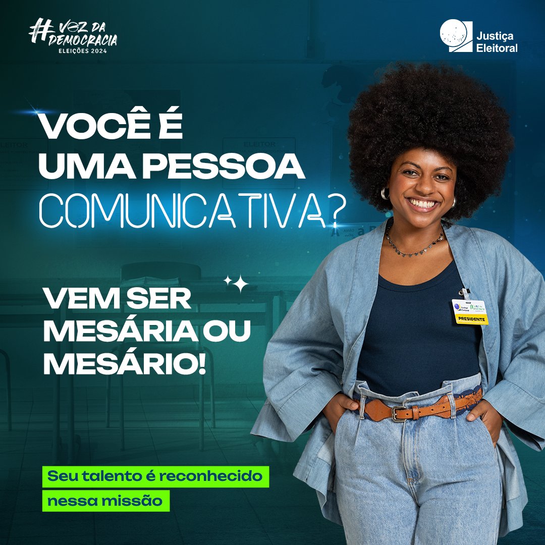 Faça uso do seu #TalentoPraMesária ou #TalentoPraMesário e se voluntarie pras #Eleições2024! Saiba tudo sobre esse trabalho tão necessário pra democracia no Canal do Mesário: justicaeleitoral.jus.br/mesario 👩🏽‍💻