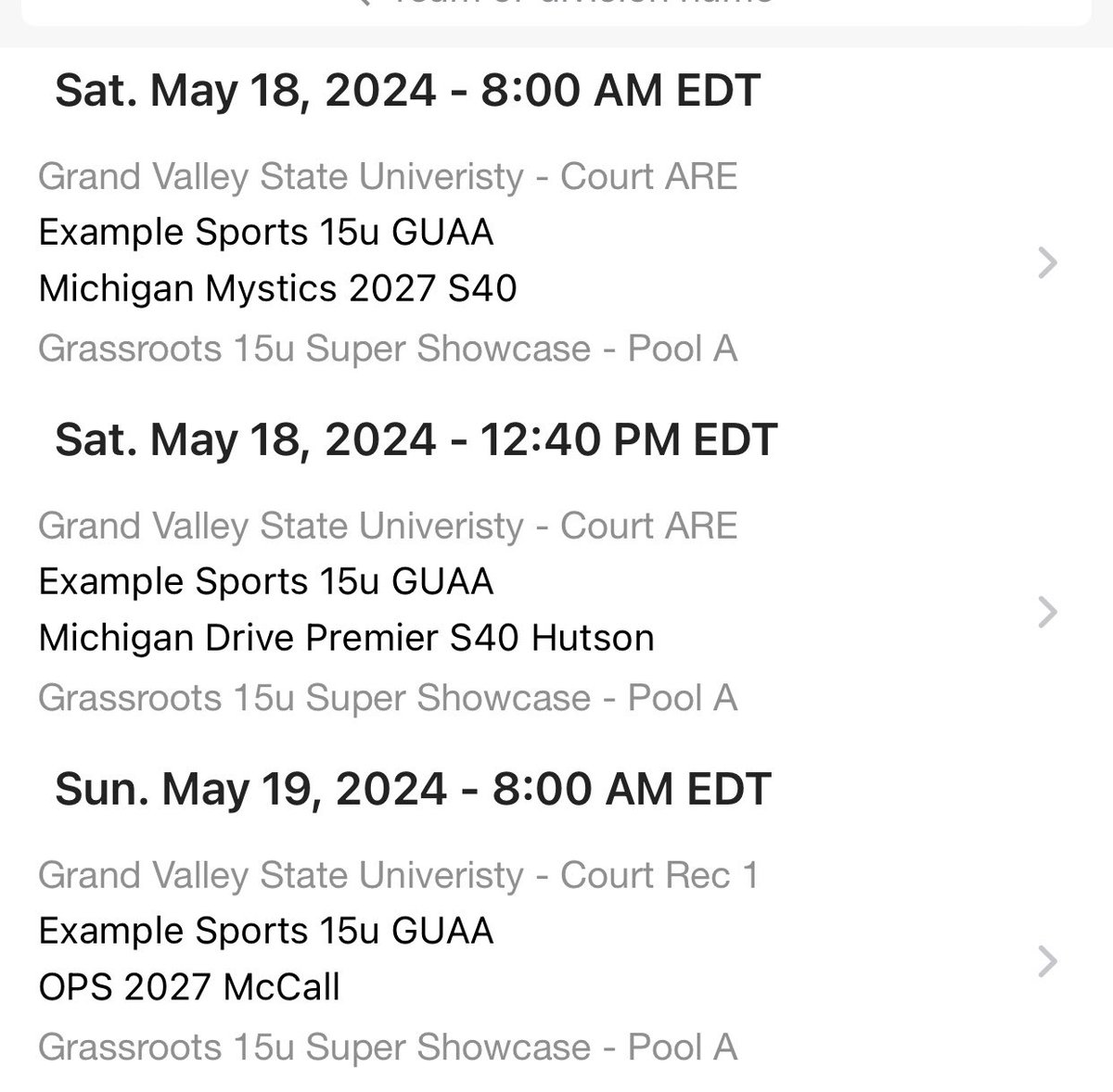 My schedule for this weekend in Michigan is below. <a href="/ExampleSports3/">Example Sports AAU</a>