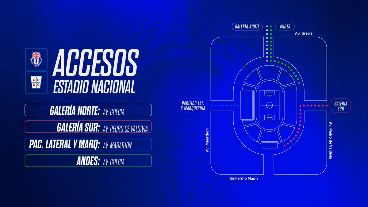 ¿Nos vemos en el Estadio Nacional? 🏟️
Revisa esta información con los accesos para mañana 👇🏼
▶️ Galería Norte: Av. Grecia 
▶️ Galería Sur: Av. Pedro de Valdivia
▶️ Pacífico Lateral y Marquesina: Av. Marathon
▶️ Andes: Av. Grecia