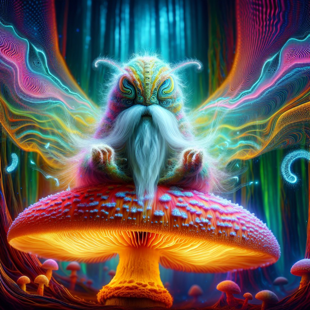 @otter805 I chose the caterpillar with a long, white beard, meditating on a glowing, neon-colored mushroom in a psychedelic forest, with swirls of energy emanating from its body.