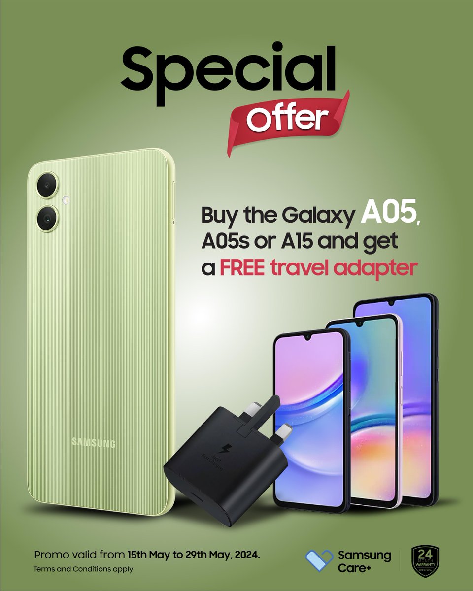 Special Offer!

Purchase the Galaxy A05, A05s, or A15 and receive a FREE travel adapter on the spot!

Head to your nearest Samsung authorized store today!

The promo is valid from May 15th–29th, 2024.

Ts & Cs apply.

#GalaxyA05 
#GalaxyA05s 
#GalaxyA15
#SamsungNigeria