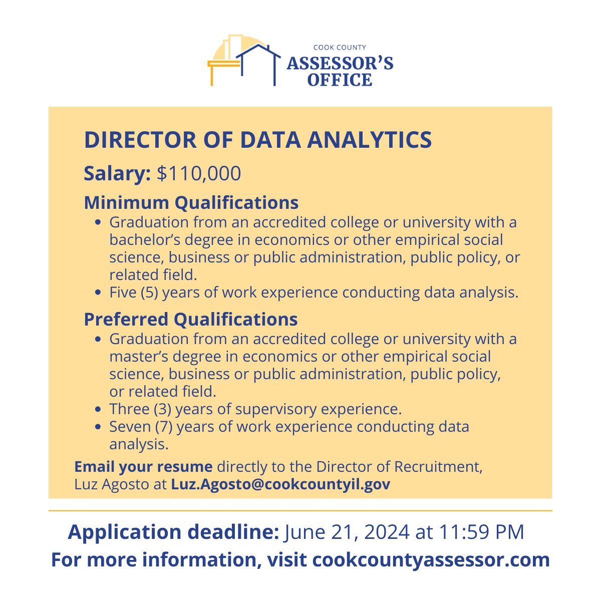 Do you have experience using data analysis + visualization tools such as R, python, Tableau, or Power BI? Are you interested in property tax equity? Then check out our job opening for Director of Data Analytics: cookcountyassessor.com/job-opportunit… Email resume to Luz.Agosto@cookcountyil.gov