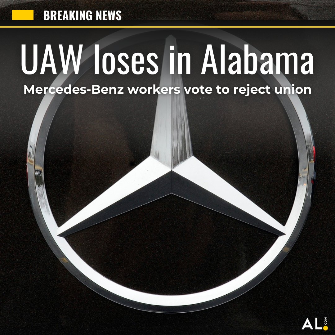 Workers at Mercedes-Benz’s automotive plants east of Tuscaloosa have voted against being represented by the United Auto Workers union. Read more, including unofficial results: al.com/news/2024/05/a…
