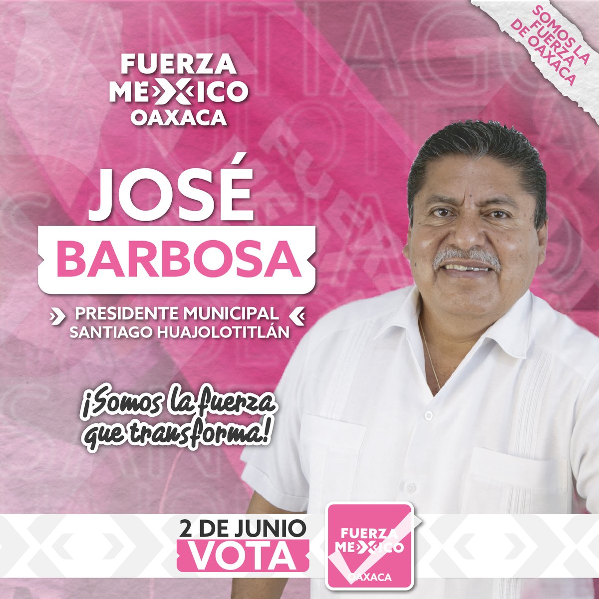 Este 2 de junio vota por José Guadalupe Barbosa para Presidente Municipal de Santiago Huajolotitlán.
“Vamos juntas y juntos a consolidar la 4Transformación de Huajolotitlán”
Vota por las y los candidatos de Fuerza por México Oaxaca.
#SomosLaFuerzaQueTransformaHuajolotitlán