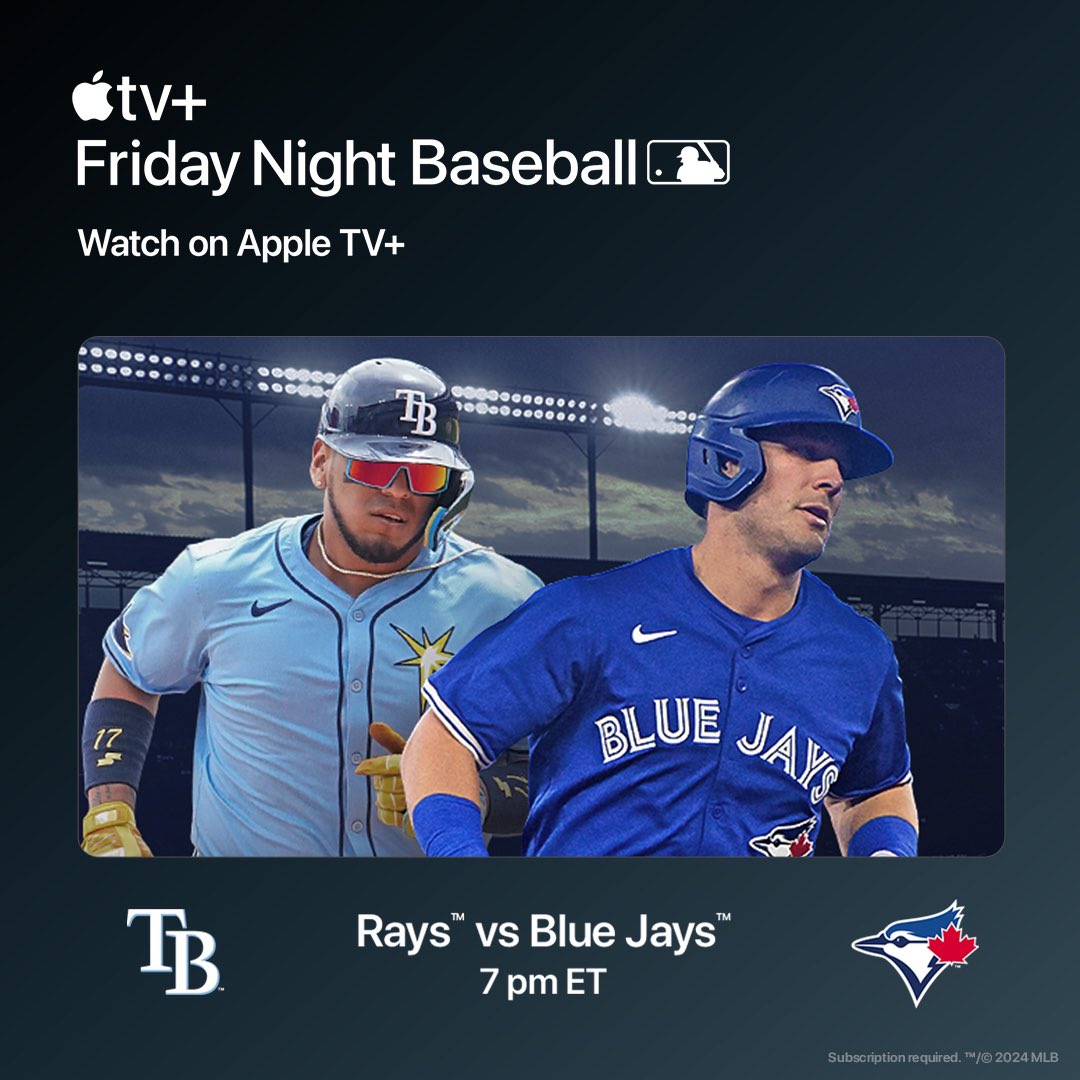 Tonight’s #FridayNightBaseball matchup features your #BlueJays and the Tampa Bay Rays. It all starts at 7pm ET exclusively on Apple TV+ 👉 apple.co/BlueJays