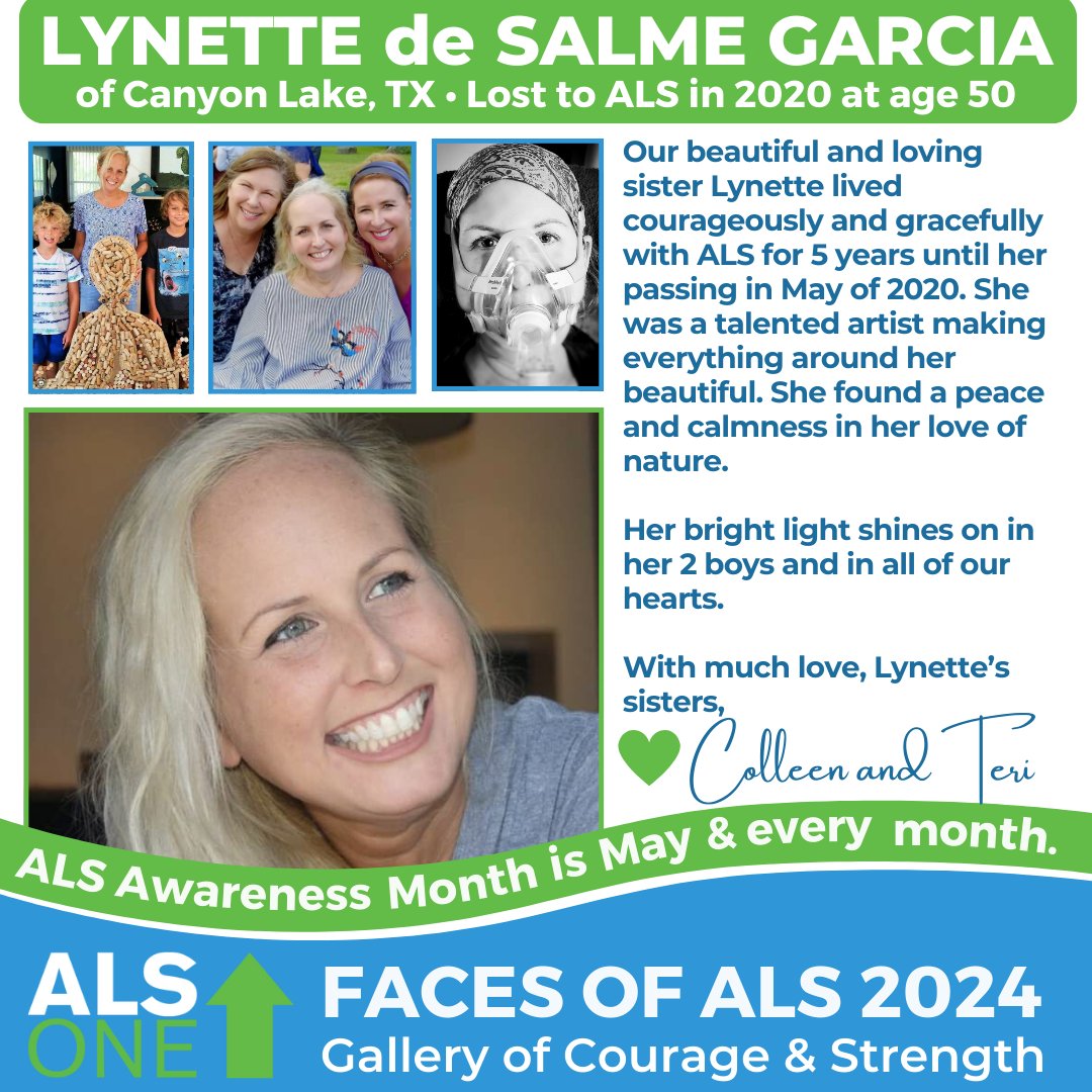 #ALSawarenessMonth #FacesOfALS Lynette de Salme Garcia of CanyonLakeTX. Lost to ALS in 2020. Lynette lived courageously and gracefully with ALS for 5 years. She was a talented artist making everything around her beautiful.
Submit your tribute at bit.ly/FOALS24 #EndALS