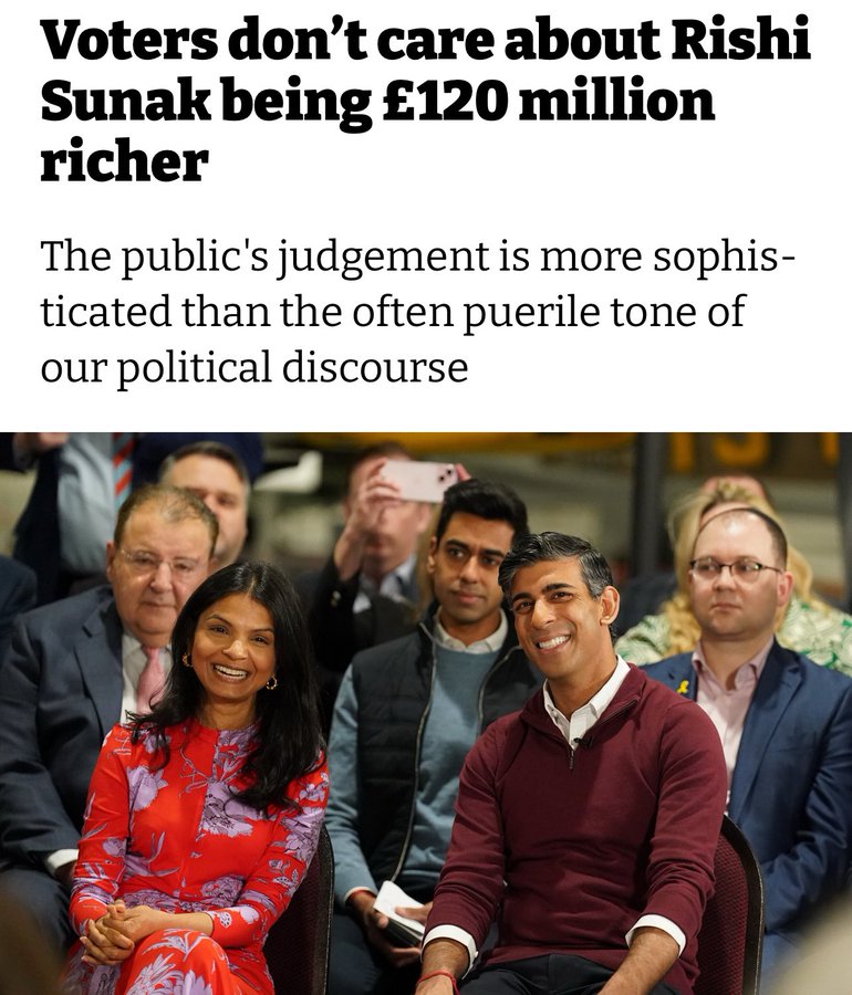 We don't care that Rishi Sunak has abused his position to make himself £121,000,000 richer, when his wage as Prime Minister is only £164,951.

And he will pay tax on only 0.4% of that £121m.

Yes everybody cares, it is blatant corruption.