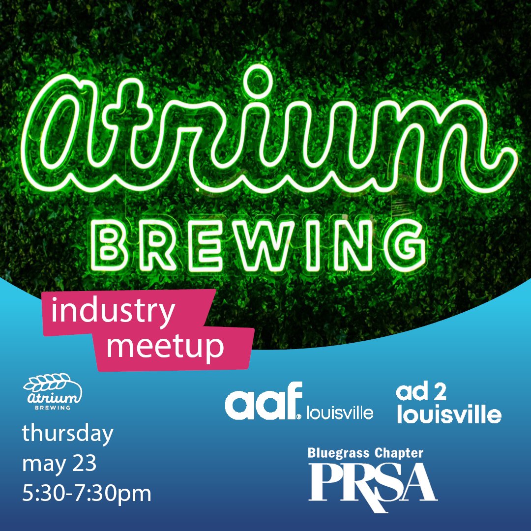 We are teaming up with our friends at @PRSABluegrass for our May Meetup! Join us for this free event to catch up with your AAF & Ad 2 friends and meet other like-minded industry professionals. See you there! 📆: Thursday, 5/23 📍: Atrium Brewing - Norton Commons 🕐: 5:30-7:30 PM