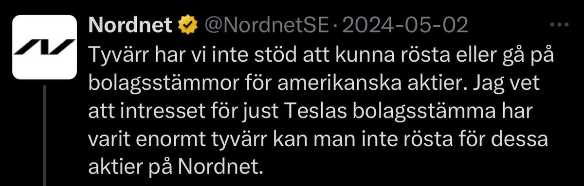 Verkar som man KAN rösta om @elonmusk comp package med @avanzabank i alla fall (kanske även @NordnetSE?) Genom att ringa kundsupport och be dem rösta åt dig. Bild 1-2 är från en följare som lyckades. Varför har ni inte sagt detta innan när vi frågat!? Dela detta så fler kan se!