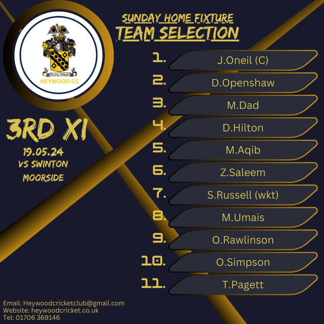 TEAMS FOR WEEKEND! 💥 Saturday 1st XI Vs @standcricket (Away) 2nd XI Vs @east_lancspapermillcc (Home) Sunday 3rd XI Vs Swindon Moorside CC.