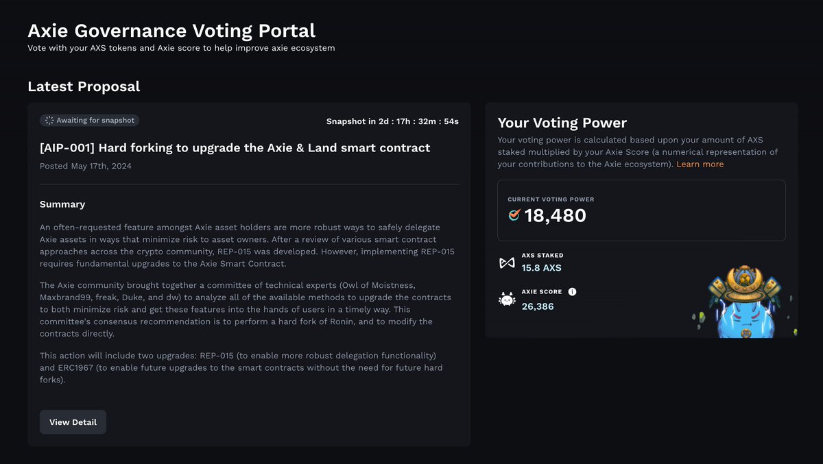 Huge shoutout to @OwlOfMoistness, the inventor of the ERC 721x guardian standard which the first Axie Vote centers around. As a member of the smart contract upgrade commitee, he authored AIP-001 which you can find in the image attached. Voting Portal: app.axieinfinity.com/governance/