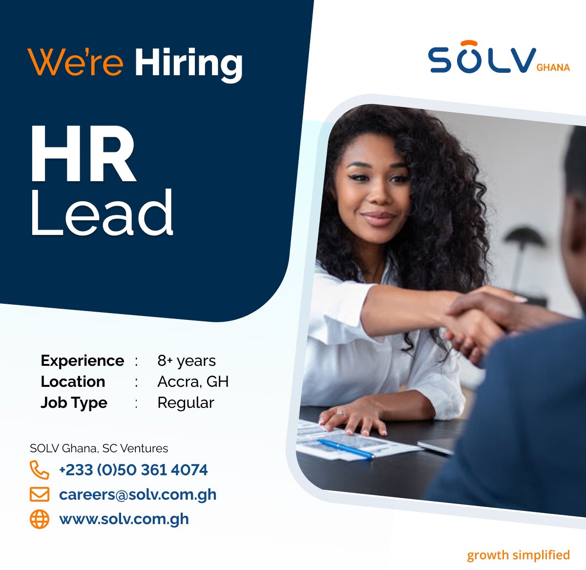 Join the #SOLVers!

If you're passionate about talent management, employee engagement, and organizational development, we want to hear from you. 

Apply today and help shape the future of our team! 

#SOLVGhana #GrowthSimplified #Careers #HRLead #NowHiring #BecomingSOLVer