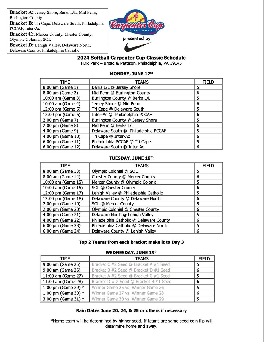 The 19th annual Carpenter Cup Softball tournament kicks off in just one month! Here's a look at our 2024 schedule!