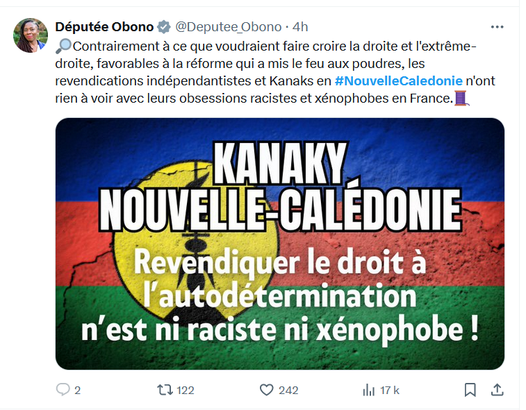 Poste signalé comme incitation a la haine ! 👇 #racisme de l'ultra gauche #France @Deputee_Obono #NouvelleCalédonie