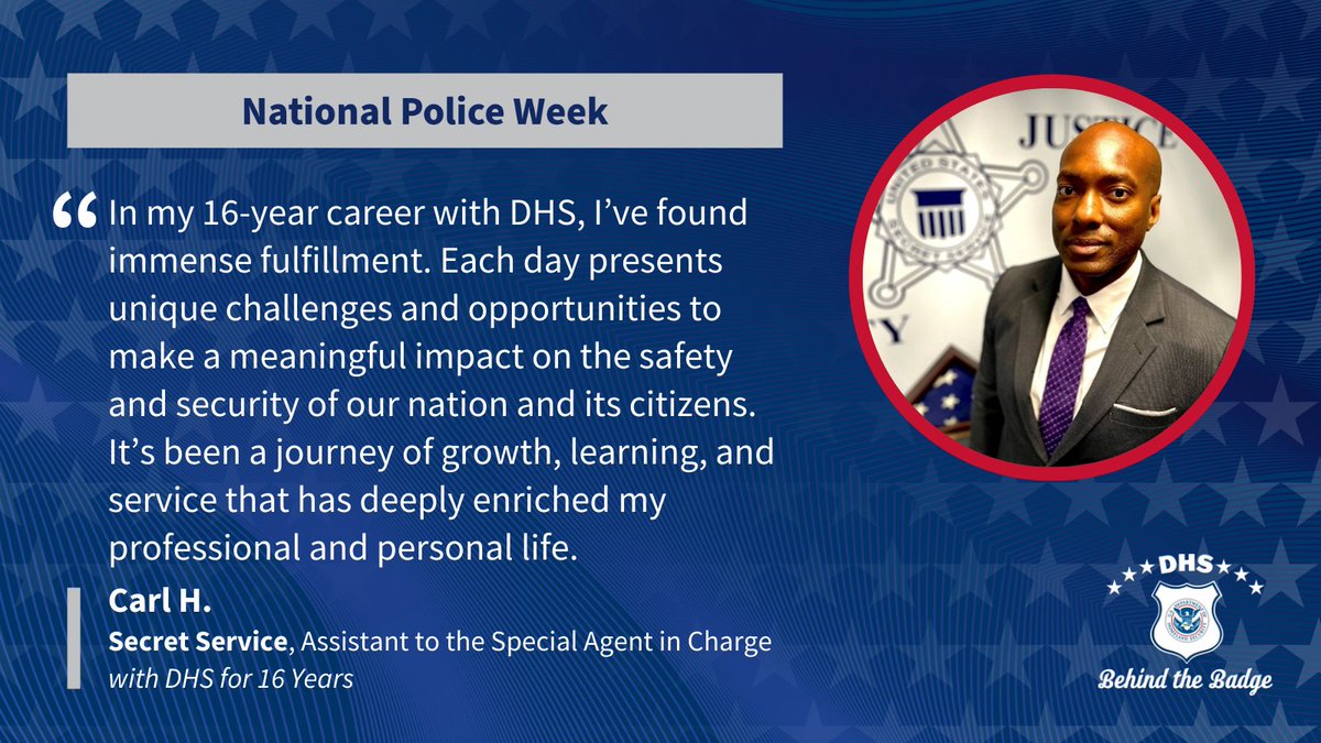 Carl's work in law enforcement followed in his father's footsteps. He finds deep fulfillment in guiding those newer in the career field and credits his Presidential Protective Detail work under three Presidential administrations as his greatest accomplishment. #PoliceWeek2024