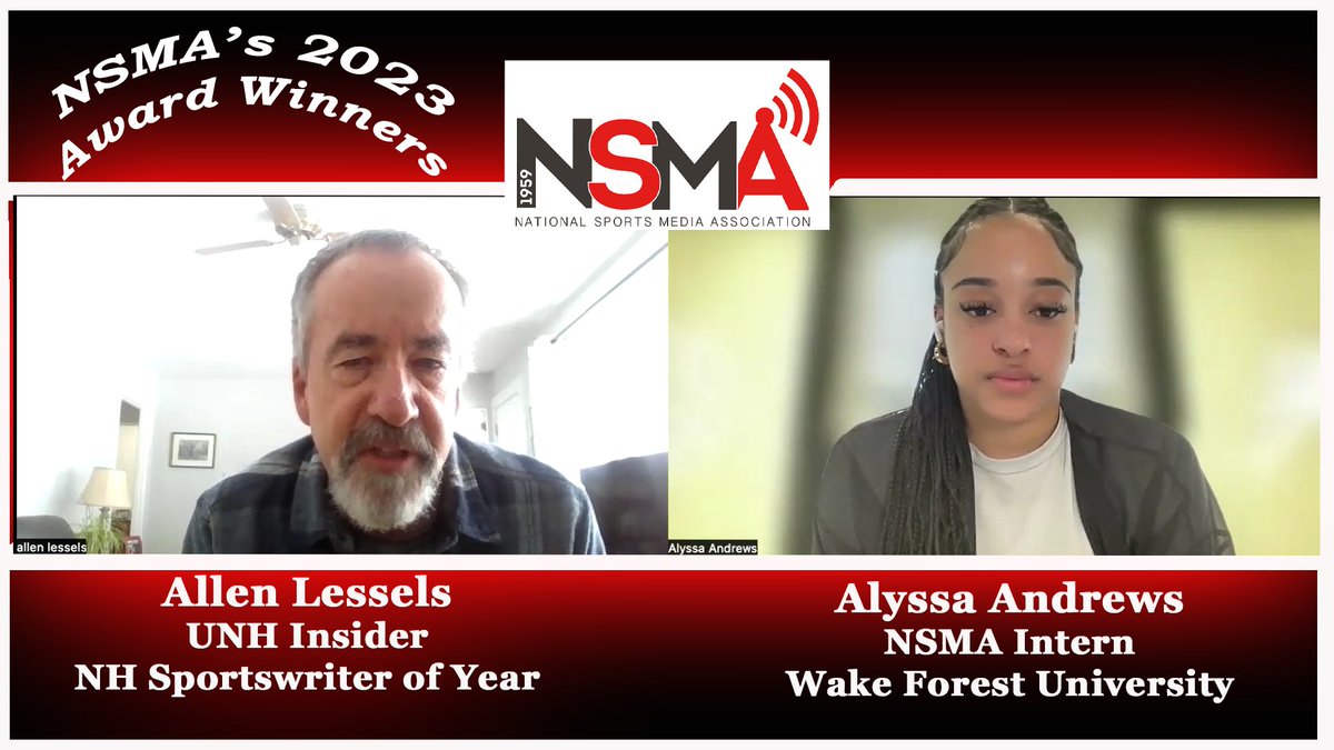 NSMA Sports Media (@nsmasportsmedia) on Twitter photo Continuing our intern chats with 2023 state award winners, <a href="/WakeForest/">Wake Forest University</a> <a href="/WakeWBB/">Wake Forest Women's Basketball</a>'s <a href="/alyssatandrews/">Alyssa Andrews</a> interviews NH Sportswriter of the Year <a href="/AllenLessels/">Allen Lessels</a>.
youtu.be/YC1L4pGMW4E Continuing our intern chats with 2023 state award winners, <a href="/WakeForest/">Wake Forest University</a> <a href="/WakeWBB/">Wake Forest Women's Basketball</a>'s <a href="/alyssatandrews/">Alyssa Andrews</a> interviews NH Sportswriter of the Year <a href="/AllenLessels/">Allen Lessels</a>.
youtu.be/YC1L4pGMW4E