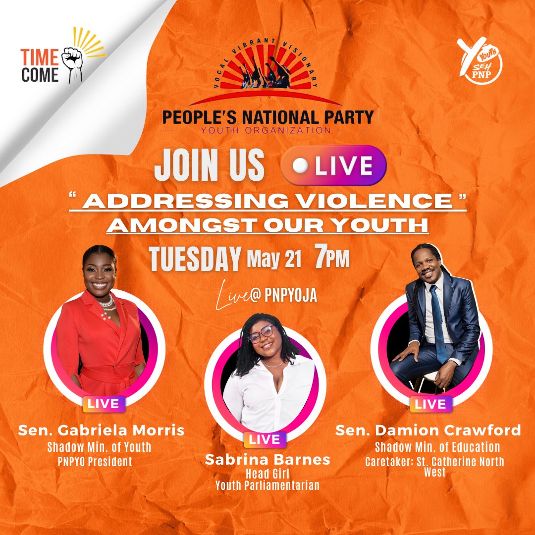 Join us live on Tuesday, May 21 at 7 PM for an important discussion on 'Addressing Violence Amongst Our Youth' with our President Sen. Gabriela Morris (@GabrielaJMorris), Sen. Damion Crawford (@DamionCrawfordJ) & Sabrina Barnes. Don't miss it! #TimeCome #EndViolence #YouthsehPNP