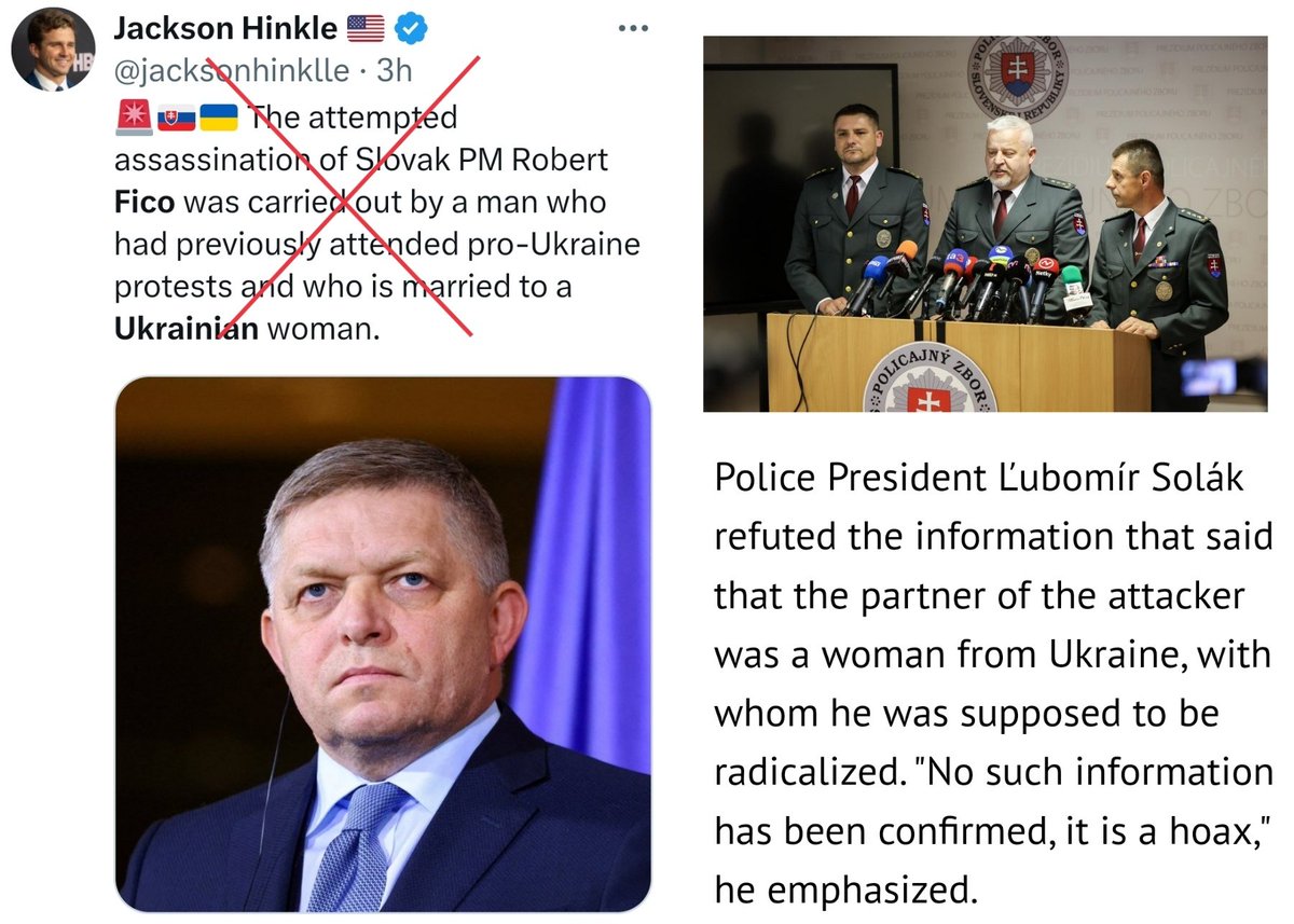 🚨 🇸🇰 Police president Solák refuted the information that the wife of the attacker on PM Fico was from Ukraine. 'No such information has been confirmed, it's a hoax.'