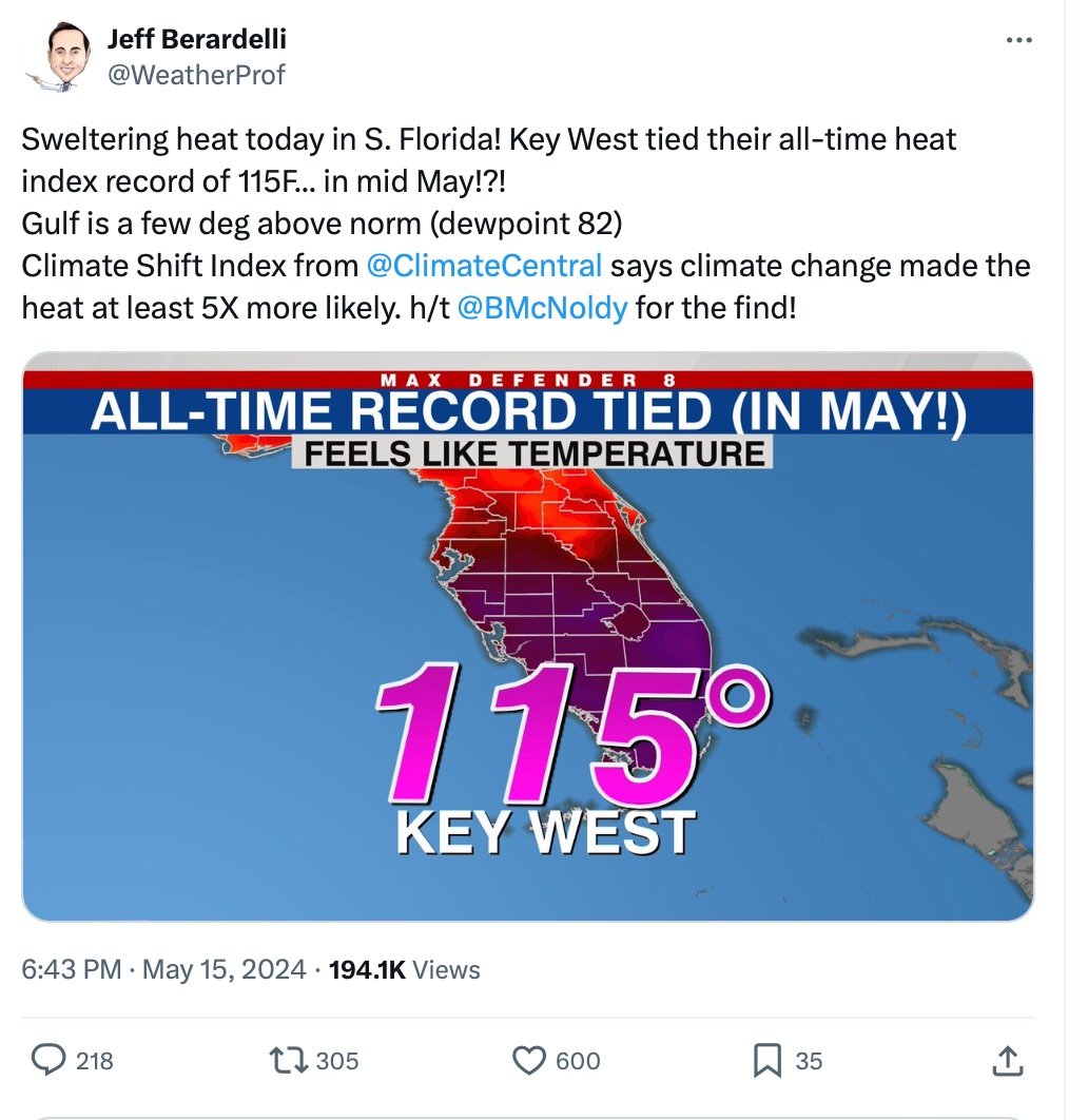 Florida TV meteorologist and climate catastrophist, Jeff Berardelli [@WeatherProf], demonstrates once again that he doesn't understand the difference between weather and climate. A single day's worth of data at one location tells us nothing useful about long-term trends there or