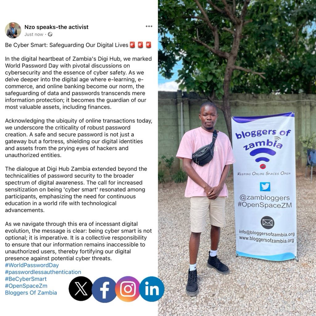 nzospeaks's tweet image. Be cyber smart!
@zambloggers 
#OpenSpaceZm 
#worldpasswordday
#becybersmart 
@CybersmartBW