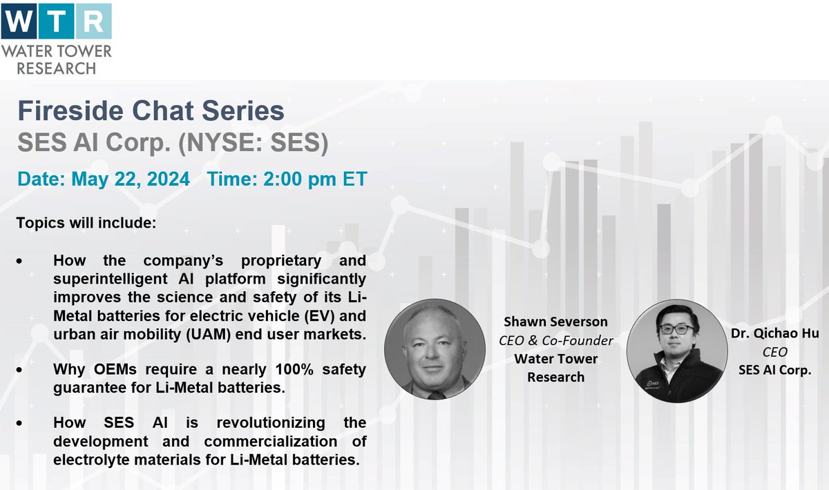 Join @SSeverson_WTR for a fireside chat with @SES_ai CEO @SES_QichaoHu on Wednesday, May 22nd, at 2:00 pm ET.
#AI #artificialintelligence #lithiumionbatteries #watertowerresearch #wtr $SES
us06web.zoom.us/webinar/regist…