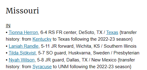 Texas WBB transfer Tionna Herron (6-4 RS FR center, DeSoto, TX) has announced her commitment to Missouri, their 4th portal pickup; she began her college career at Kentucky wbbblog.com/womens-basketb…