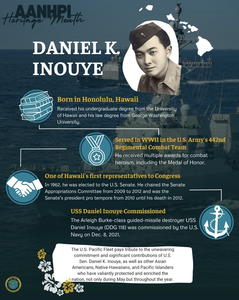 🌺 ⚓ U.S. Pacific Fleet pays tribute to the unwavering commitment and significant contributions of U.S. Sen. Daniel K. Inouye, as well as other Asian Americans, Native Hawaiians, and Pacific Islanders who have valiantly protected and enriched the nation! #AANHPIHeritageMonth