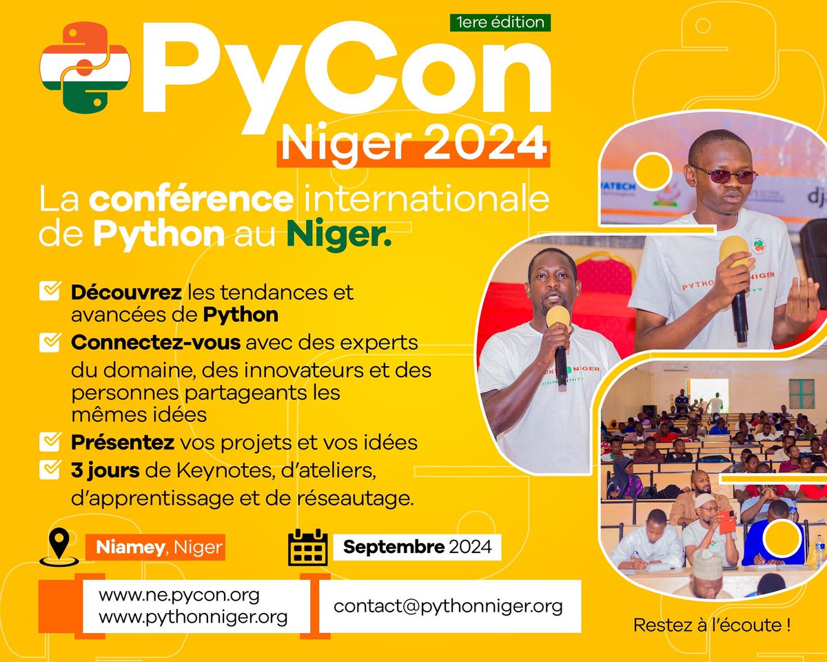 pyconniger's tweet image. PyCon Niger 2024 arrive en septembre.
Le jour exact sera annoncé prochainement.

#PyConNE2024 #PyConNiger