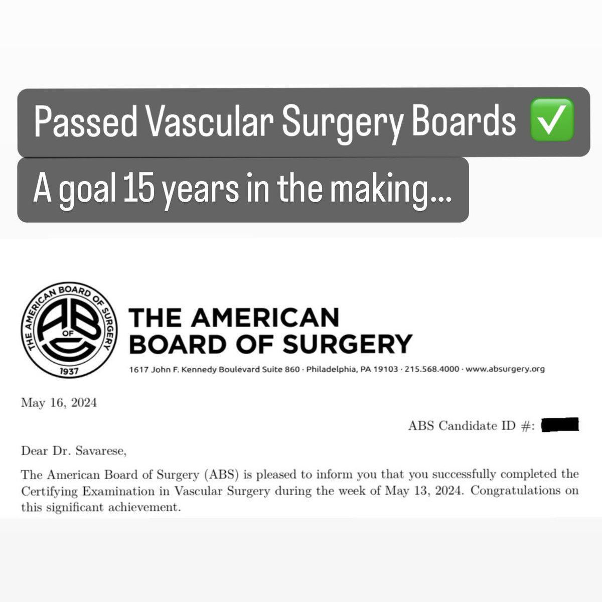 Joe Savarese (@joesavy) on Twitter photo Passed vascular surgery certifying exam. Today was a good day. 
<a href="/AmBdSurg/">American Board of Surgery</a> Passed vascular surgery certifying exam. Today was a good day. 
<a href="/AmBdSurg/">American Board of Surgery</a>