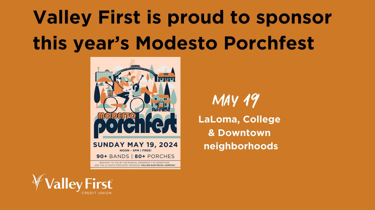 We're proud to sponsor Sunday's Modesto Porchfest. This family-friendly event is a collection of porch parties with local bands performing on porch 'stages' throughout select Modesto neighborhoods.  Get details
modestoporchfest.com
#ValleyFirstCreditUnion #ModestoPorchfest