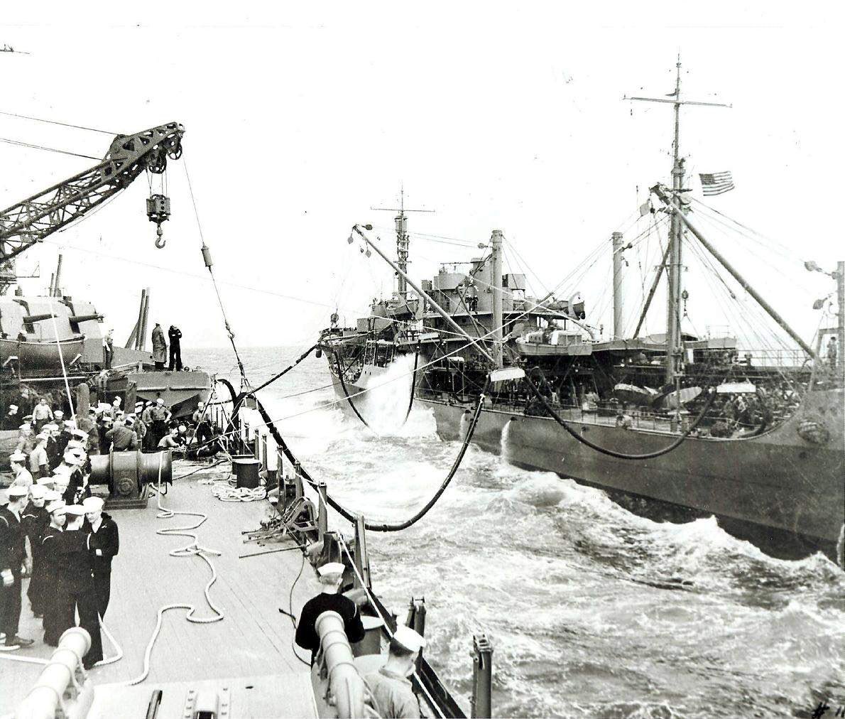 2 photos of USS Washington (BB 56) refueling at sea. Navsource states the tanker is USS Salamonie (AO 26) and the date as September 1, 1942. I believe this to be incorrect for a few reasons. 1. Salamonie was in Hampton Roads on 9/1 and didn’t enter the Pacific until mid 1944