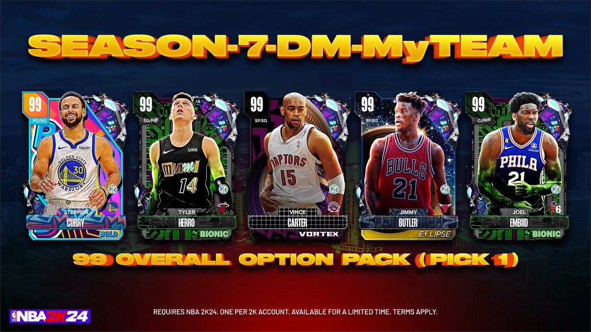 🚨 Locker Code 🚨 Welcome to Season 7! Enter this code to choose one of five 99 Overall Player Cards in MyTEAM 🌌 Choose between: 👨‍🍳 Bold Steph Curry 🦾 Bionic Tyler Herro 🌀 Vortex Vince Carter 🔥 Eclipse Jimmy Butler 🤖 Bionic Joel Embiid Available for 1 week.