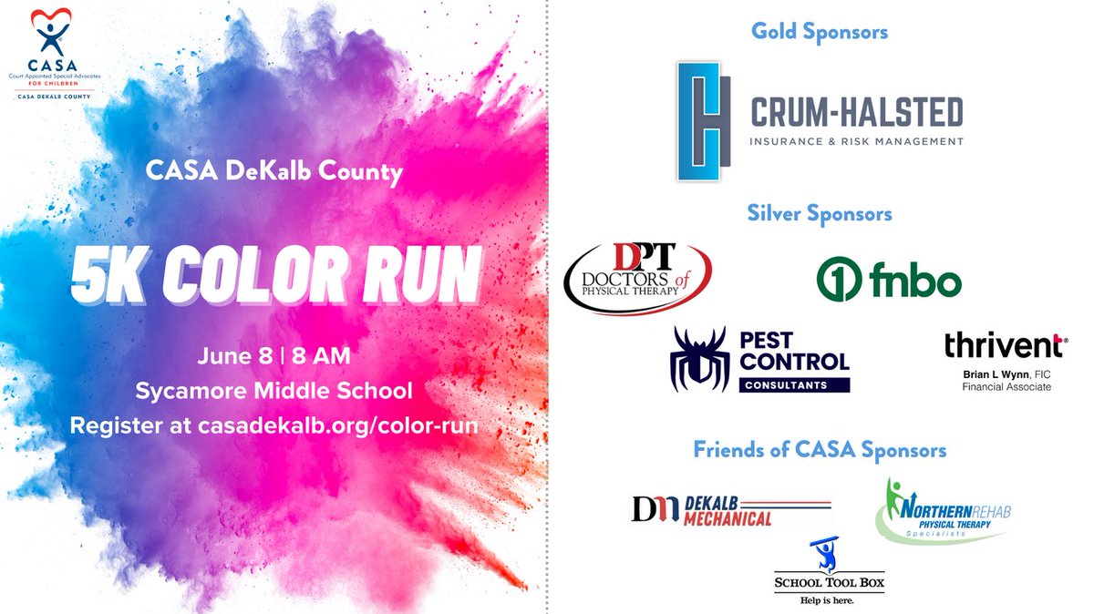 CASADeKalb's tweet photo. Special thank you to our Color Run Sponsors so far!! 🏃‍♂️🥳

If you have not yet registered for CASA's Color Run, be sure to sign up by May 24 at https://t.co/cToIpbaj9R for a chance to win $100 in gift cards and be guaranteed a T-Shirt. #CASAColorRun https://t.co/BQUETf5M39