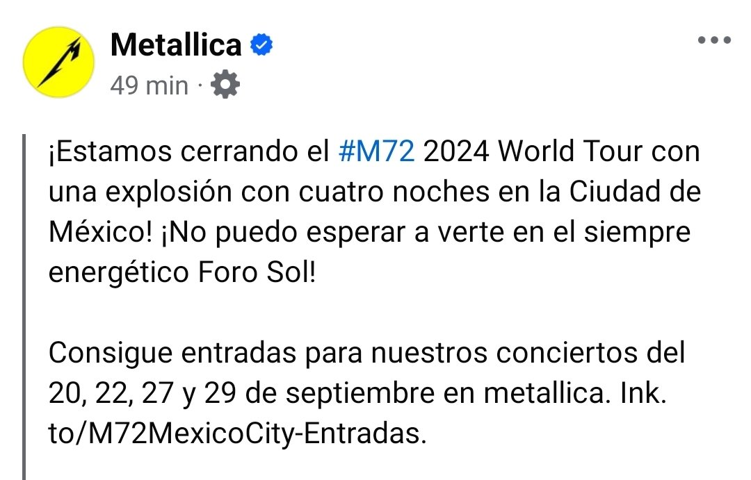 Para los que preguntaron mucho sobre Metallica .
Cerrará gira en México 20 - 22 - 27 y 29 de Septiembre .

Entonces queda la gira Latinoamerica para el 2025 .

#NoticiaEnDesarrollo