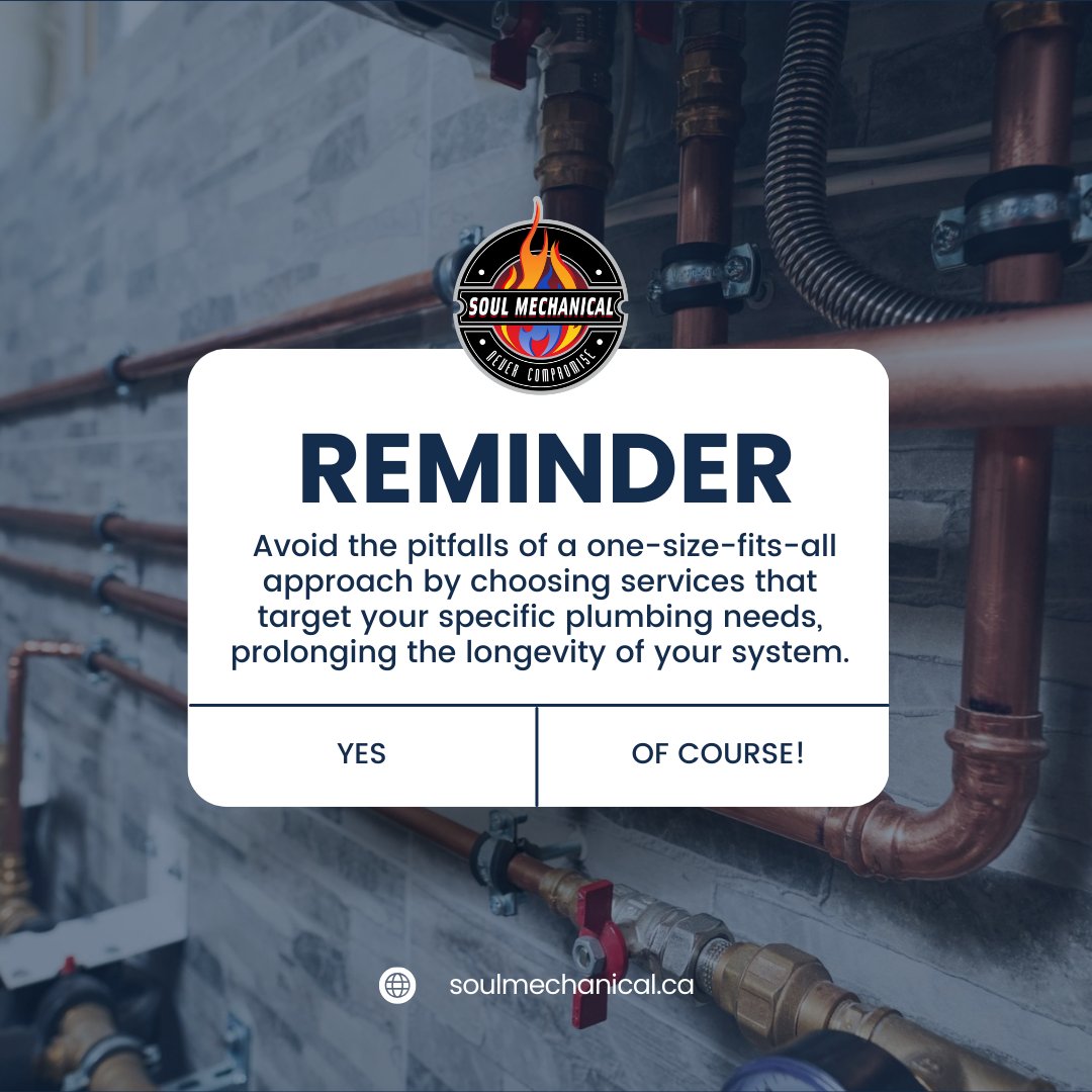 Tailored solutions for your plumbing needs mean a system that lasts longer and performs better. Say goodbye to generic fixes and hello to precision maintenance!

#PlumbingSolutions #TailoredMaintenance #OptimalPerformance #CustomizedPlumbing 
#SoulMechanical #PlumbingServices