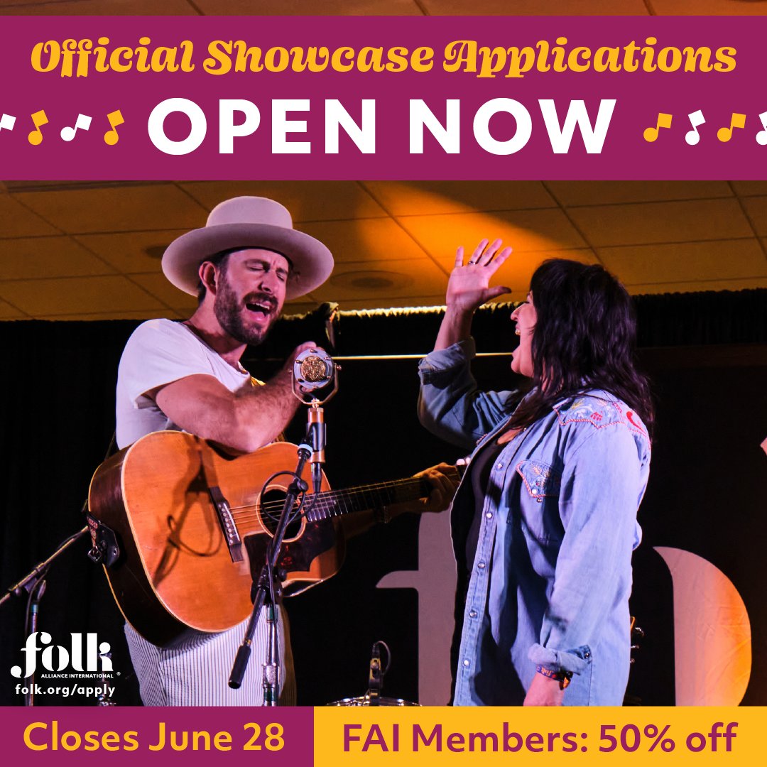 Official Showcase Applications are open now for FAI 2025 in Montréal (February 19 - 23, 2025). ⏳ Applications close June 28, 2024 at 11:59 pm CT 💰 FAI Members get 50% off application fees 🔔 Official Showcase Artists to be notified August 30, 2024. go.folk.org/twos-apply