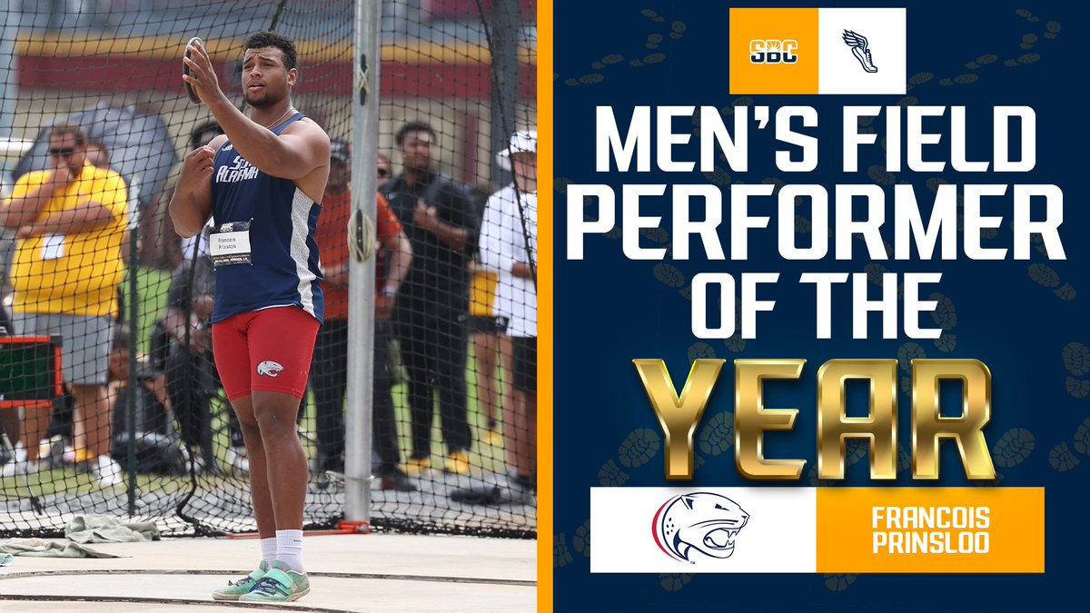 𝗣𝗢𝗪𝗘𝗥𝗙𝗨𝗟 𝗣𝗥𝗜𝗡𝗦𝗟𝗢𝗢. Francois Prinsloo from @SouthAlabamaTXC won a pair of outdoor titles to earn #SunBeltTF Men’s Field Performer of the Year. ☀️👟 📰 » sunbelt.me/4bCrZyB