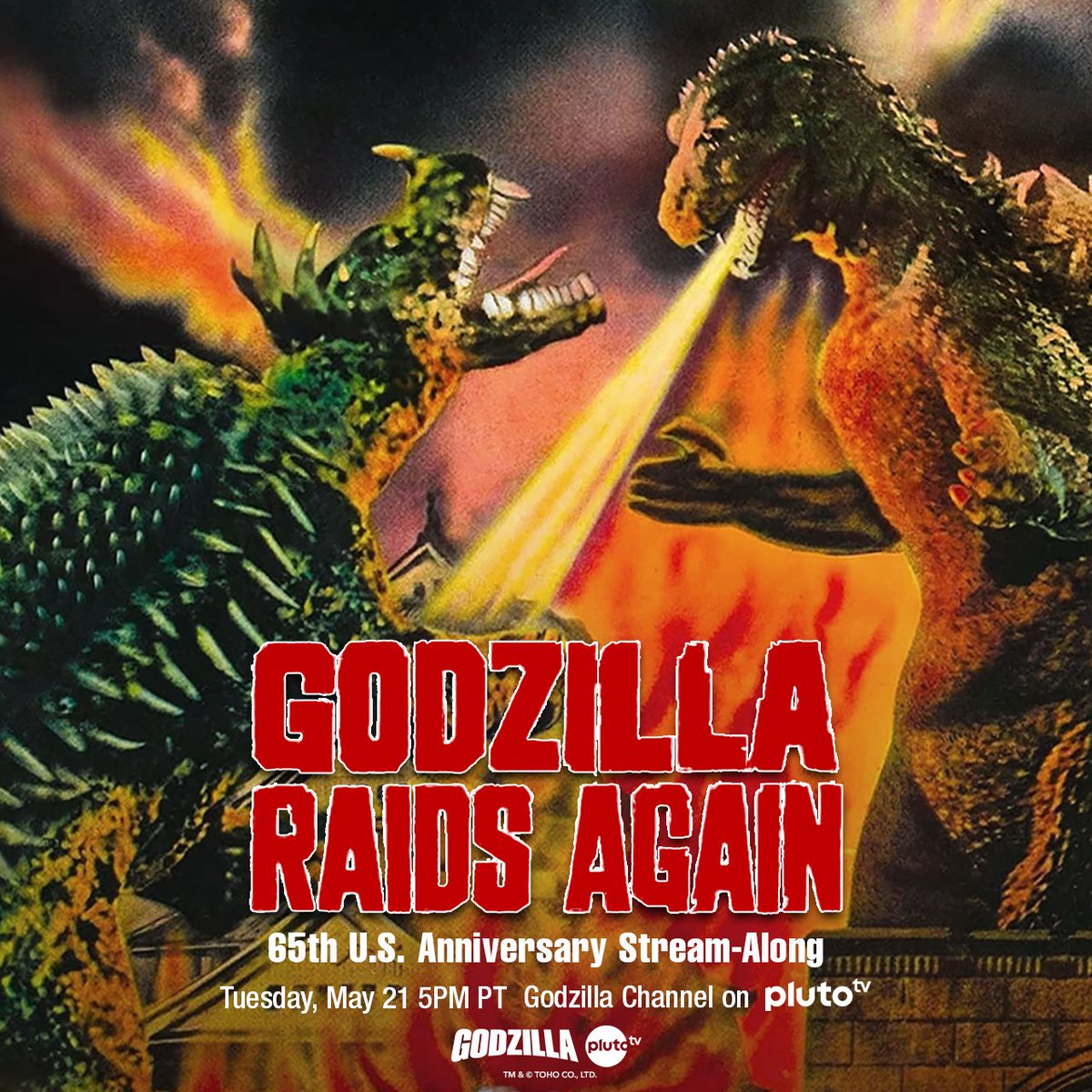 Godzilla's back - and we're taking cover with @PlutoTV! Celebrate the U.S. anniversary of the original #Godzilla sequel, Godzilla Raids Again, by joining us for a live stream-along of the film on May 21st! #PlutoTVStreamAlong 🎬 May 21 @ 5PM PT ▶️ pluto.tv/us/live-tv/645…