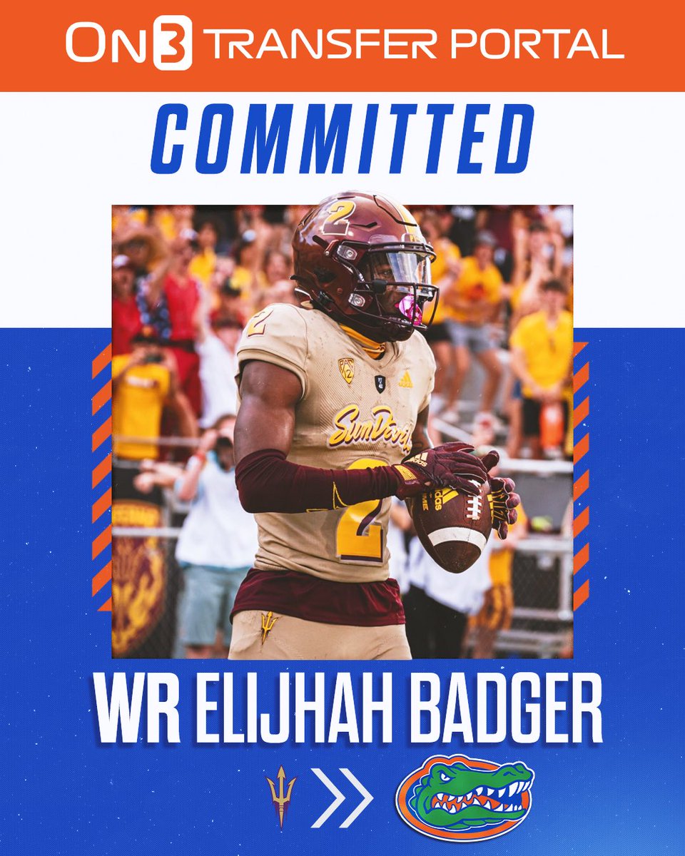 BREAKING: Arizona State transfer WR Elijhah Badger has committed to Florida, per @Hayesfawcett3🐊 Badger has recorded 135 catches for 1,579 yards and 10 TDs in his last 2 seasons. Read: on3.com/college/florid…