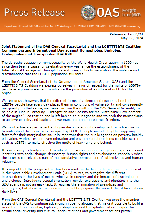 Joint Statement of the OAS General Secretariat and the LGBTTTI&TS Coalition Commemorating International Day against Homophobia, Biphobia, Lesbophobia and Transphobia IDAHOBIT oas.org/en/media_cente…