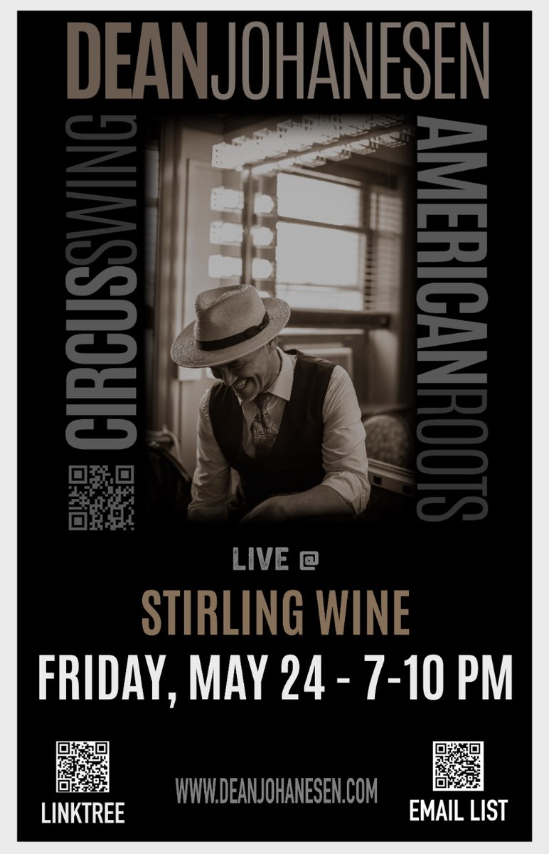 Stirling Wine next Friday May 24th 7-10 PM - Swing on by! 
#deanjohanesen #circusswing #americanrootsmusic #westernswing 
#hotclubjazz #matonguitars #livemusic #originalmusic #dunedin
#stirlingwine #swingonby