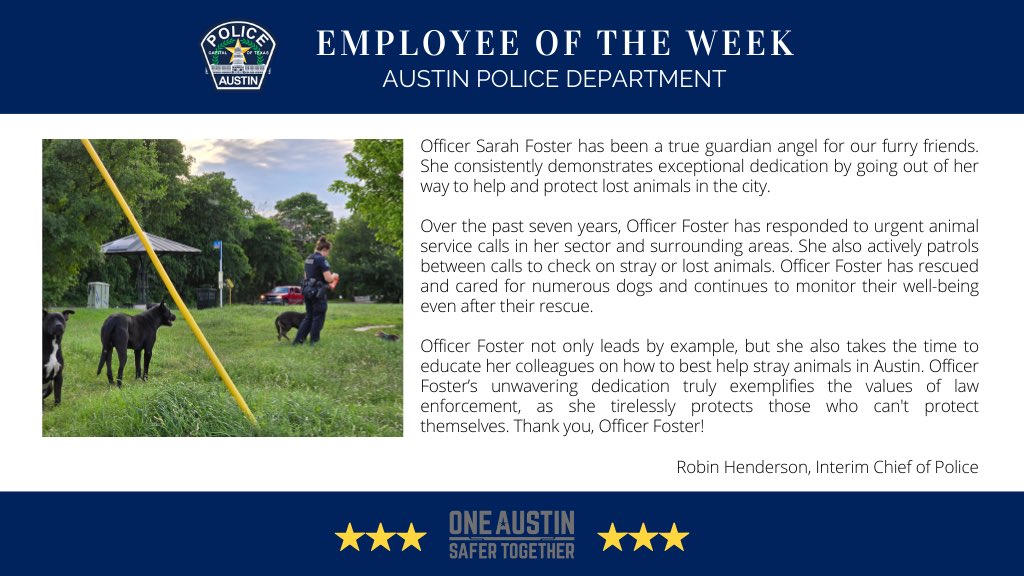Officer Sarah Foster is our Employee of the Week! 🐾 She's a true guardian angel for our lost furry friends in the city, embodying dedication and compassion. Thank you for your incredible work, Officer Foster! 🐶👮‍♀️ #EmployeeOfTheWeek #AnimalHero