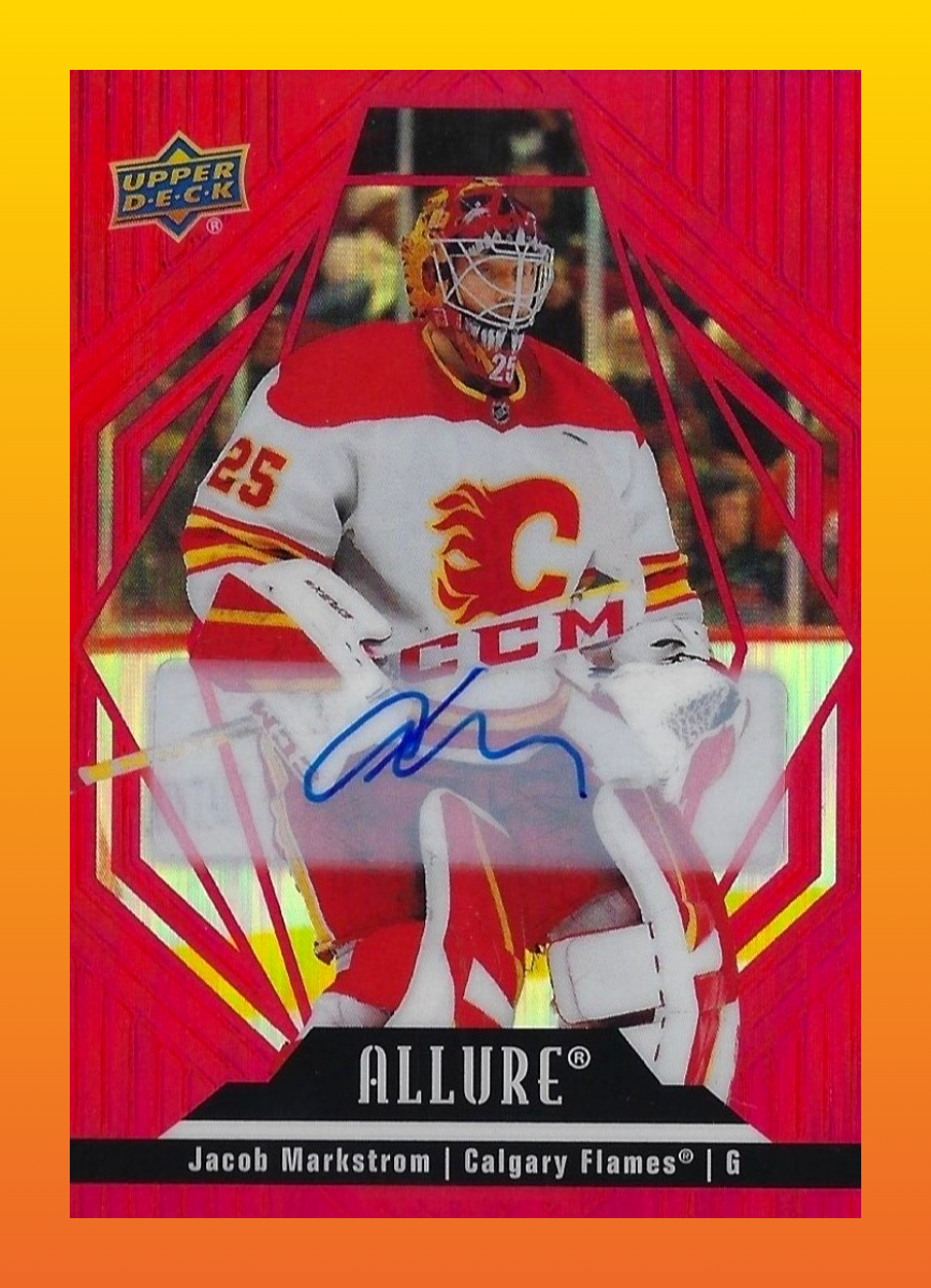 An elite Swedish netminder is up for today's edition of #SignatureSaturday. 
 
This 2022-23 #UpperDeck Allure Red Rainbow Autograph card features a sticker signature of Jacob Markstrom, pictured with the #CalgaryFlames.