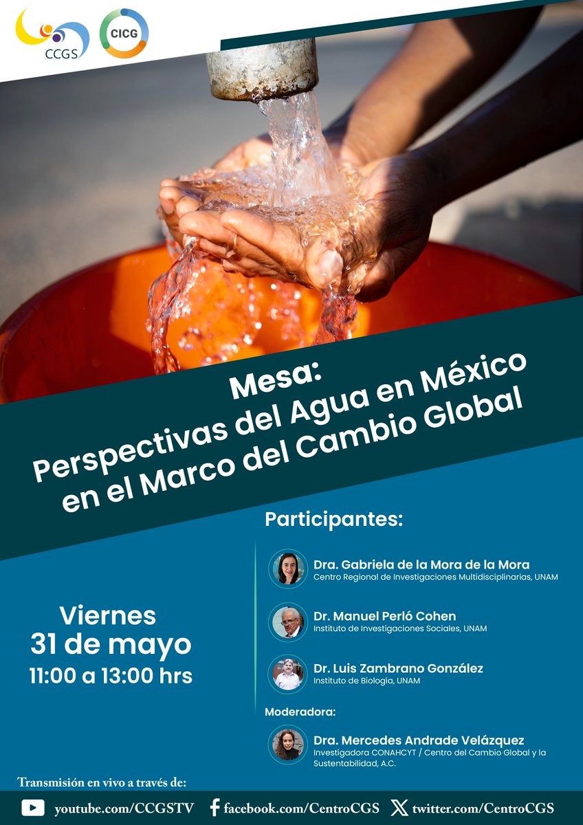 Te invitamos la Mesa "Perspectivas del Agua en México en el Marco del Cambio Global" 
#EnVivo

📅 31 de mayo⏰ 11:00 am

🖥 Transmisiones a través de:
YOUTUBE: youtube.com/ccgstv
FACEBOOK: facebook.com/CentroCGS

#Agua #CCGS #CambioGlobal #aguaenméxico