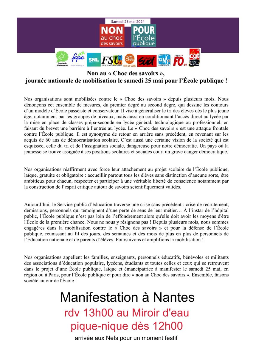 📣 A Nantes on s’organise pour faire du 25 mai un GROS GROS RDV contre le « choc des savoirs » ! 🔥 Parents d’élèves, enfants, grands parents, profs, personnels : TOU·TES DANS LA RUE pour en finir avec la politique du renoncement ❗️ #NonAuChocDesSavoirs #OuiAuChocDesMoyens