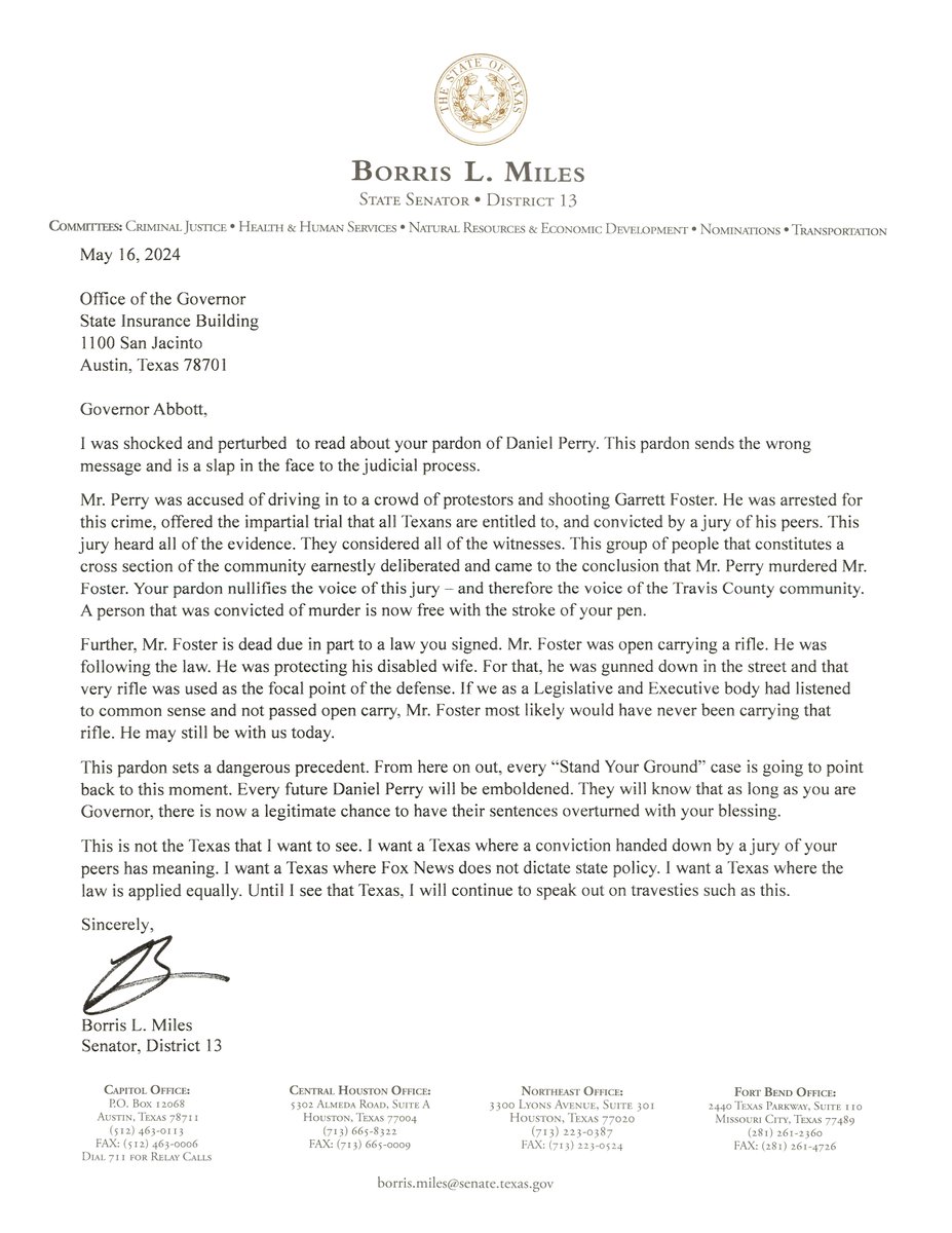 Sen. Borris L. Miles' Letter to Governor Abbott about his Pardon of Daniel Perry #txlege #hounews #SD13