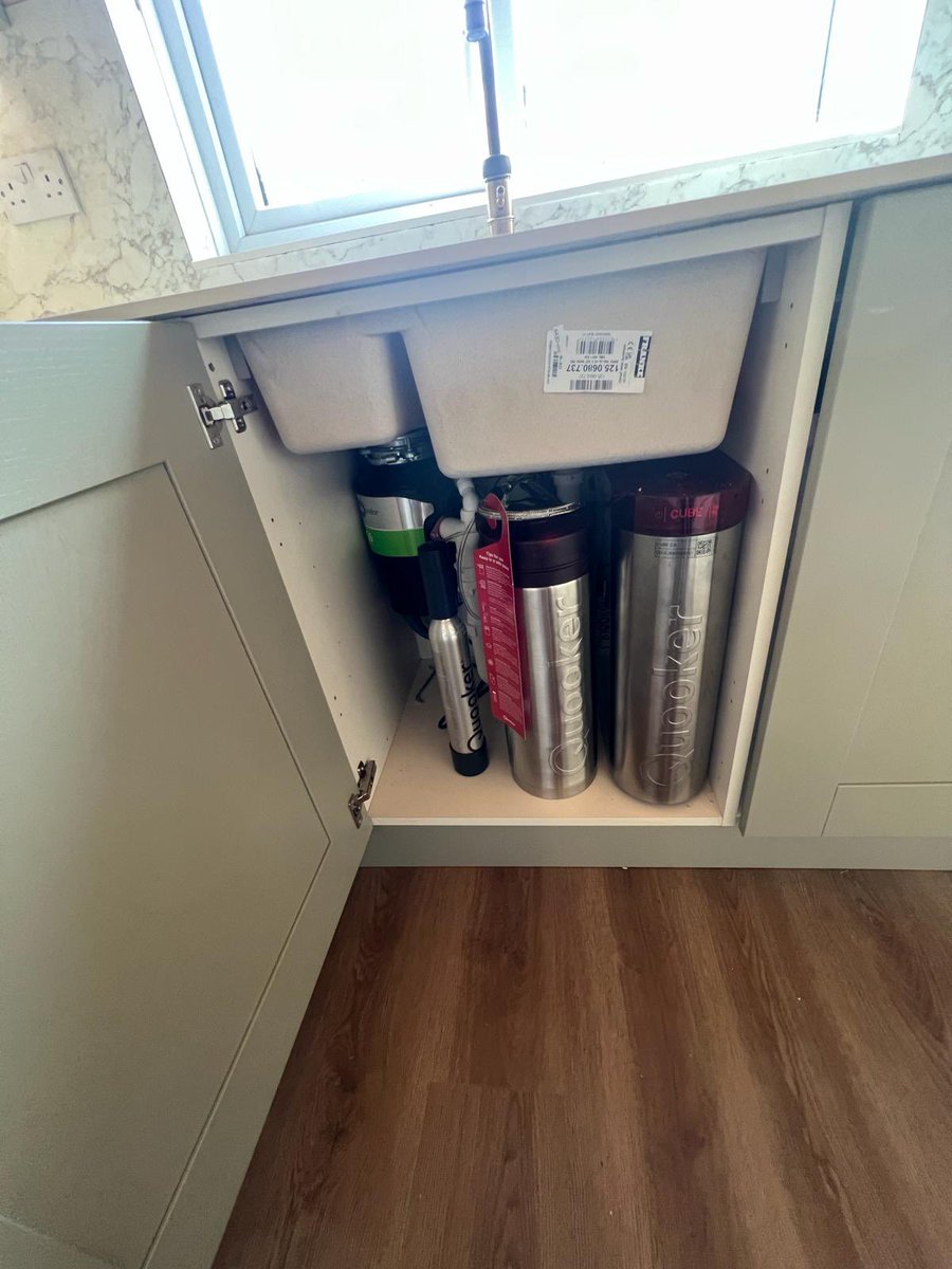 Full <a href="/Wickes/">WICKES</a> installation.Sage oak kitchen with compact laminate worktops and backboards.Undermount sink with <a href="/InSinkEratorUK/">InSinkErator UK</a> waste disposal and <a href="/quookeruk/">Quooker UK</a> boiling tap with filtered water. Integrated appliances, lighting and LVT flooring, Electrics/plumbing All completed in 5days