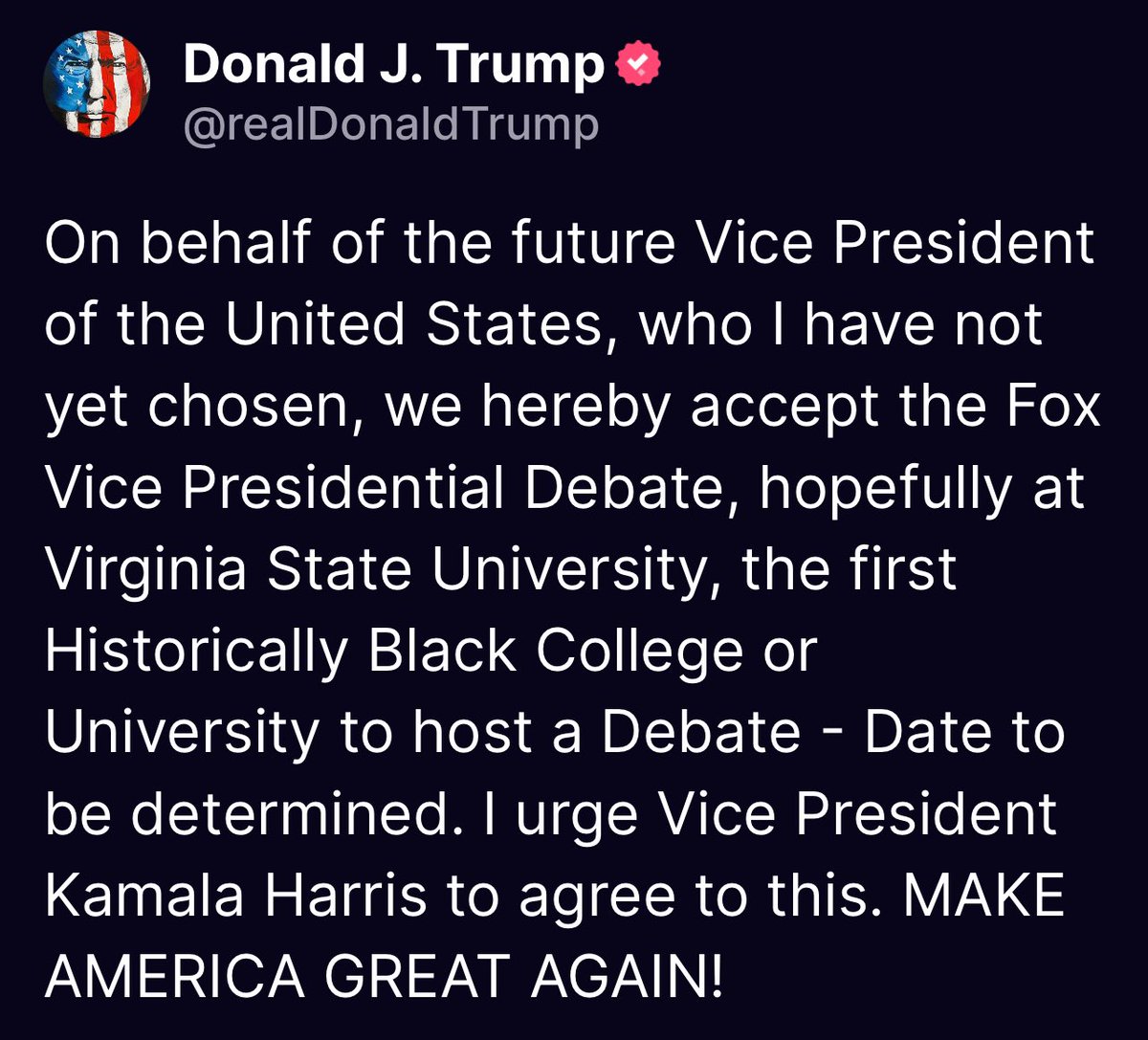 On behalf of the future Vice President of the United States, who I have not yet chosen, we hereby accept the Fox Vice Presidential Debate, hopefully at Virginia State University, the first Historically Black College or University to host a Debate - Date to be determined. I urge