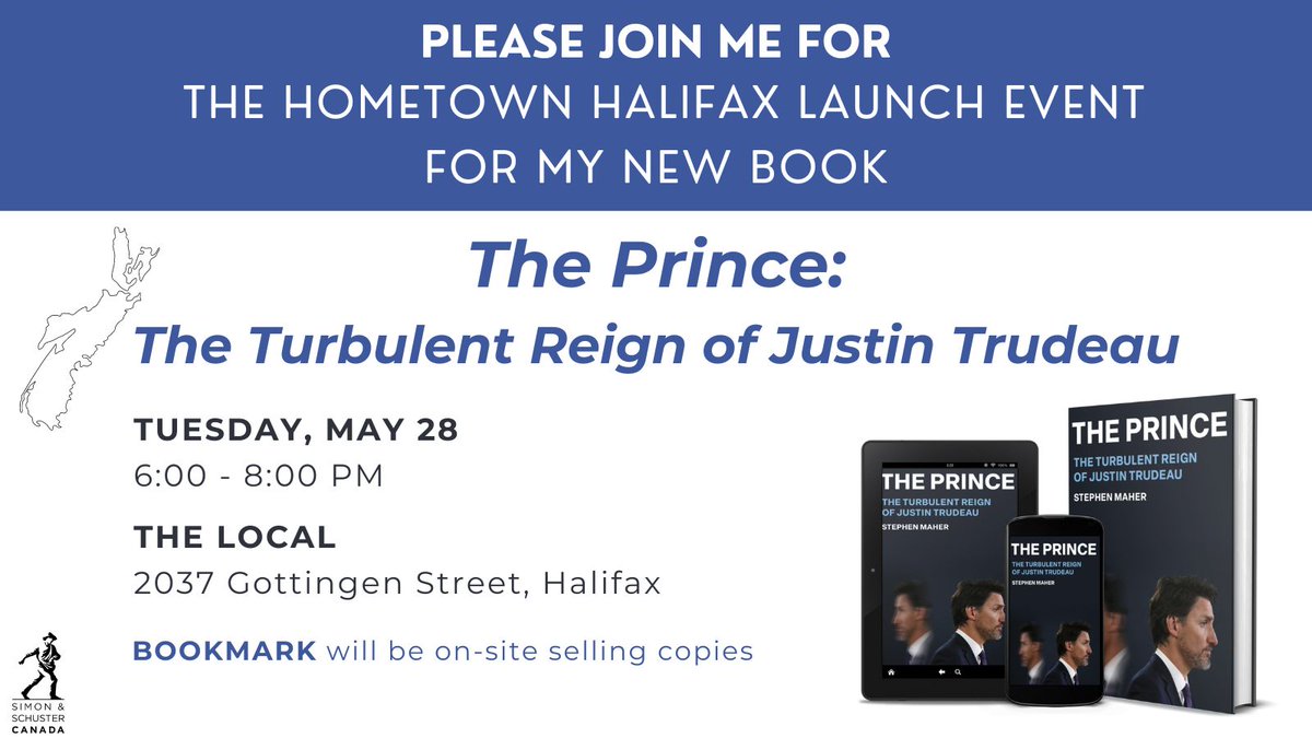 People of Nova Scotia: I am having a book event at the Local May 28, at which the brilliant @LindsayLeeJones will preside over a Q&A, and at which books will be available for buying and signing.