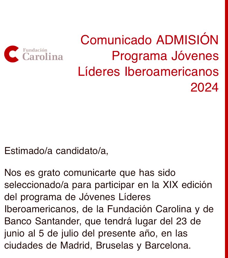 Estoy muy feliz de contar que he sido seleccionado por @Red_Carolina y @SantanderOA para participar en el Programa Jóvenes Líderes Iberoamericanos 2024! Muchas gracias a todas las personas que me apoyaron en esto! 🇪🇸 🇪🇺 🇧🇪